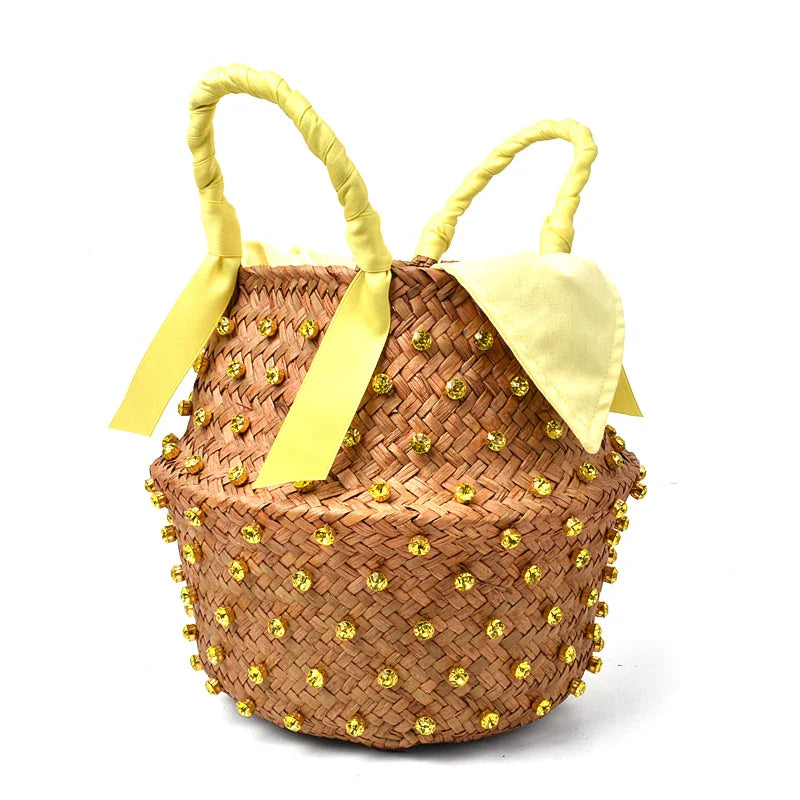 Femlion Colored Diamond Straw Bag with Rhinestone Embellishments