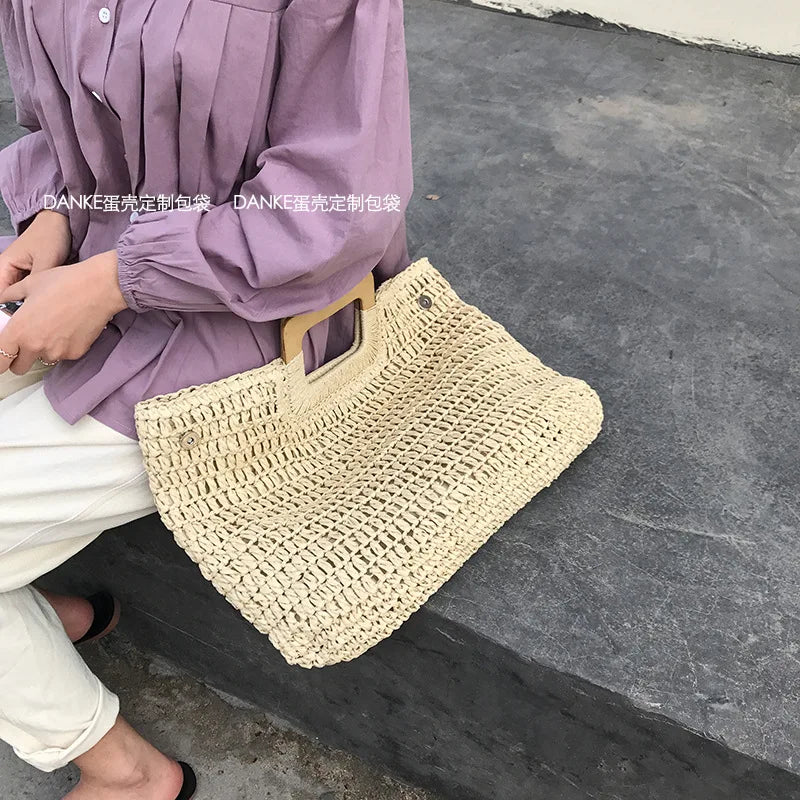 Femlion Wicker Woven Rattan Tote Summer Beach Bag Women's Large Capacity Handbag