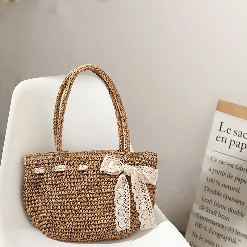 Femlion Bowknot Woven Bag: 2021 New Shoulder Straw Beach Bag