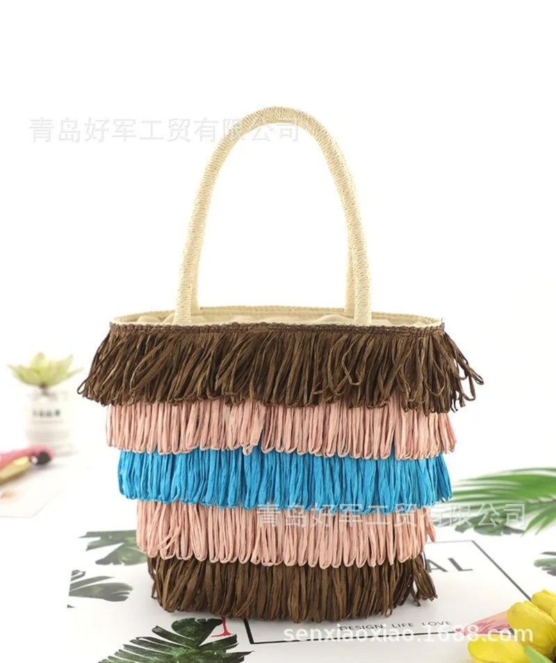 Femlion Tassel Paper Rope Straw Bag Portable Woven Beach Bag Casual Women's Handbag