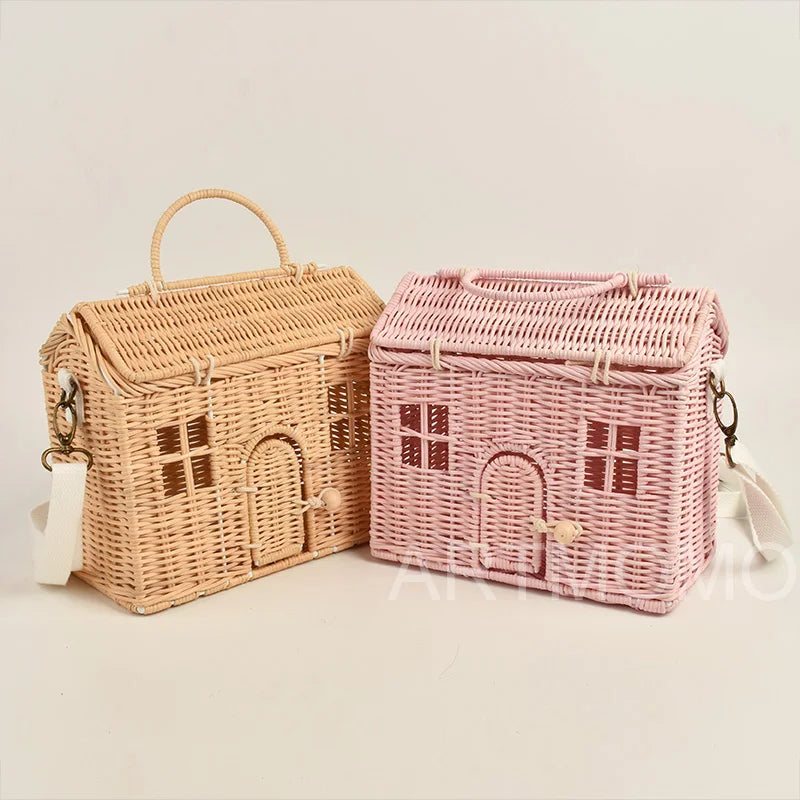 Femlion House Shape Rattan Women Handbags - Wicker Crossbody Straw Bag