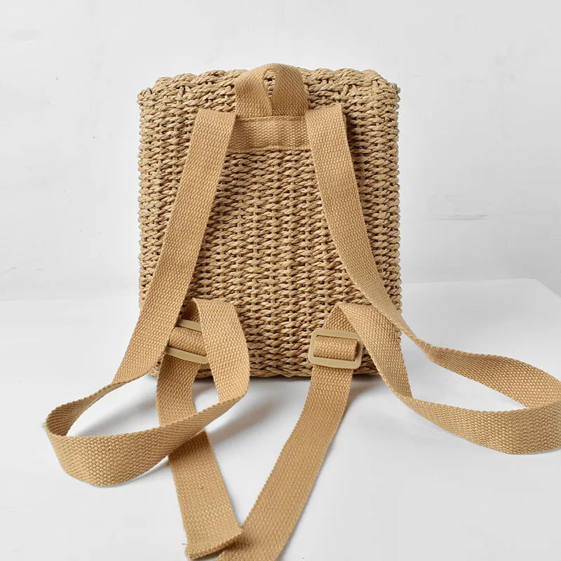 Femlion Straw Woven Double-Shoulder Backpack Bag