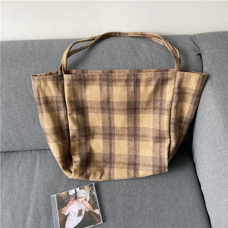 Femlion Checked Woolen Canvas Large Tote Bag for Women