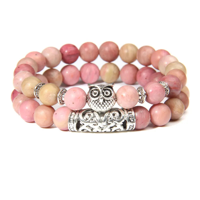 Polished Rhodochrosite Stone Owl Bangle Set by Femlion