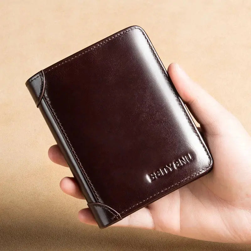 Femlion RFID Genuine Leather Men's Wallet Vintage Black Purse Mini Card Holder