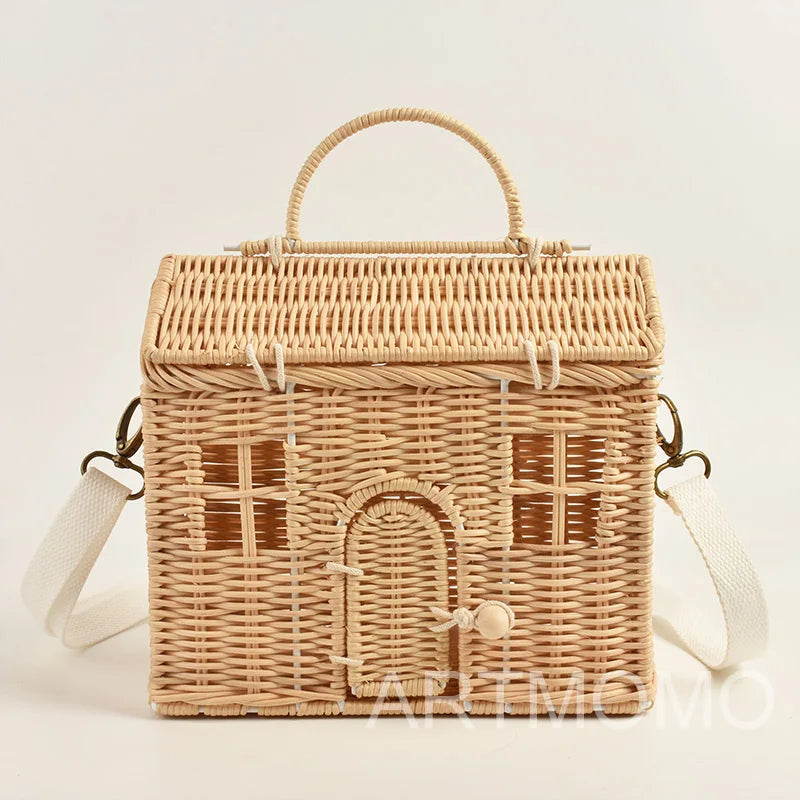 Femlion House Shape Rattan Women Handbags - Wicker Crossbody Straw Bag