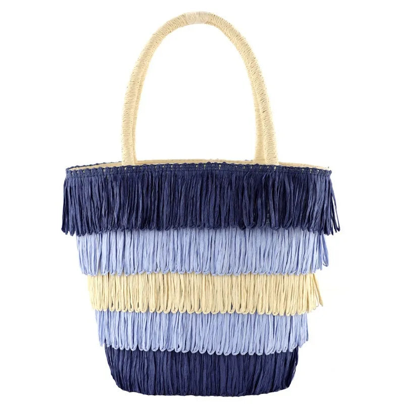 Femlion Tassel Paper Rope Straw Bag Portable Woven Beach Bag Casual Women's Handbag