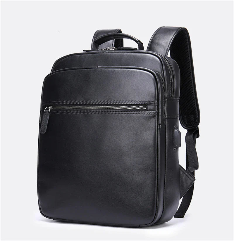 Femlion Black Leather Laptop Backpack for Men - High Capacity 14-inch Genuine Cowskin Daypack