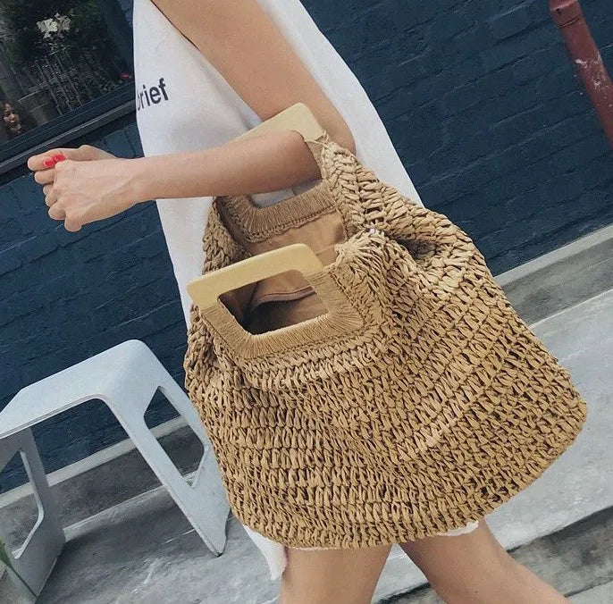 Femlion Wicker Woven Rattan Tote Summer Beach Bag Women's Large Capacity Handbag