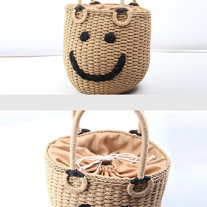 Femlion Smiley Woven Beach Bag Bucket Handbag Pouch