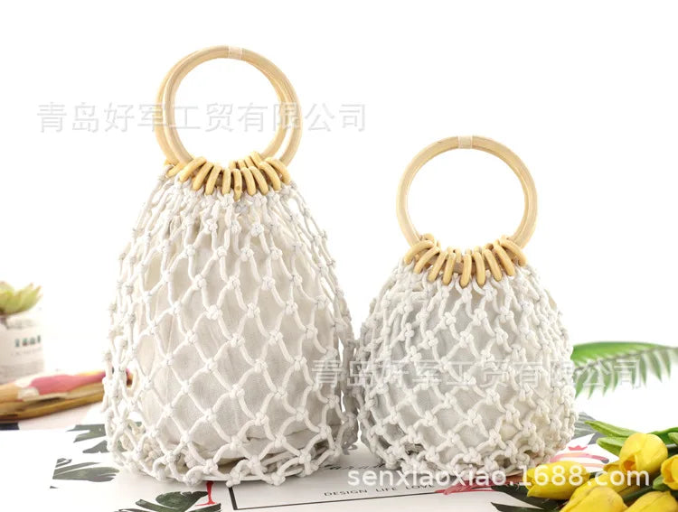 Femlion Cotton Net Drawstring Handbag: Small Fresh Straw Beach Bag