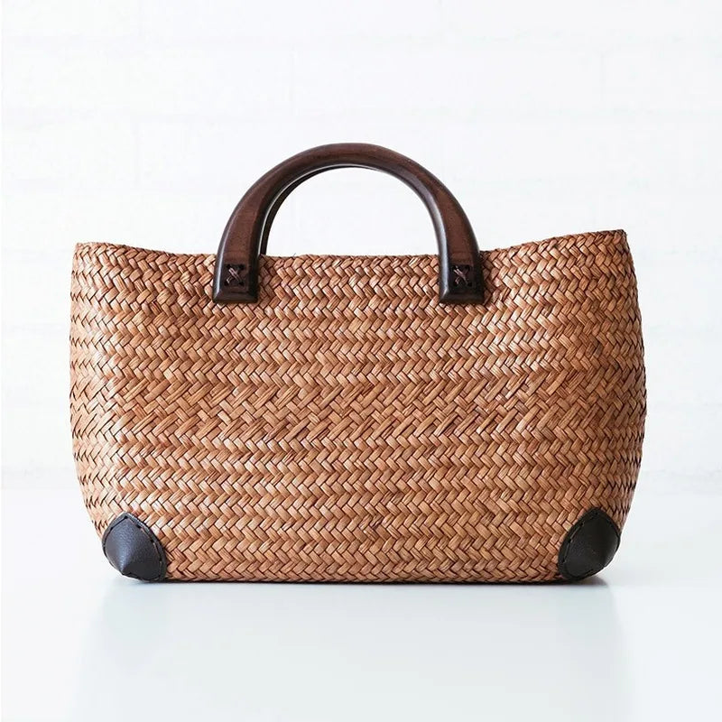 Femlion Retro Rattan Straw Woven Beach Bag - Handmade Simple Art Weaving Bag