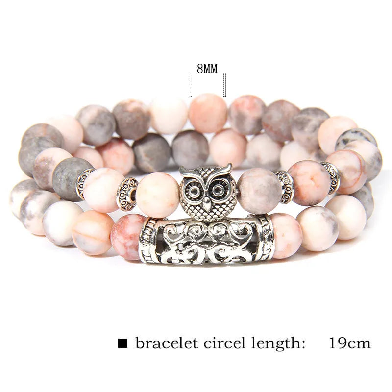 Polished Rhodochrosite Stone Owl Bangle Set by Femlion