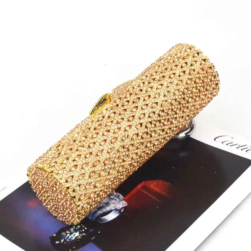 Femlion Crystal Cylinder Clutch Bag - Rose Gold and Silver Luxury Handbag