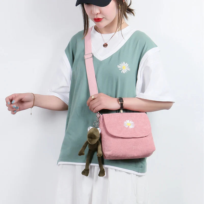 Femlion Striped Corduroy Crossbody Bag with Daisy Embroidery, a Stylish & Convenient Shoulder-Messenger Handbag