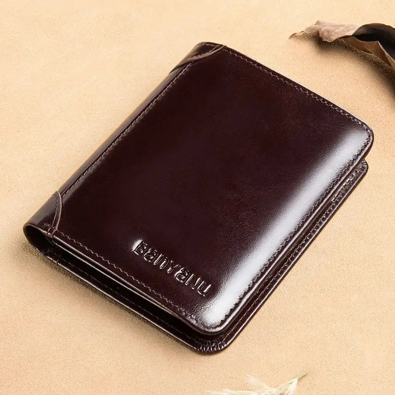 Femlion RFID Genuine Leather Men's Wallet Vintage Black Purse Mini Card Holder