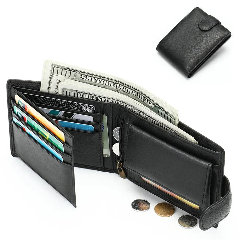 Femlion Black Leather Wallet RFID Protection Short Purse Cash Card Coin Purse