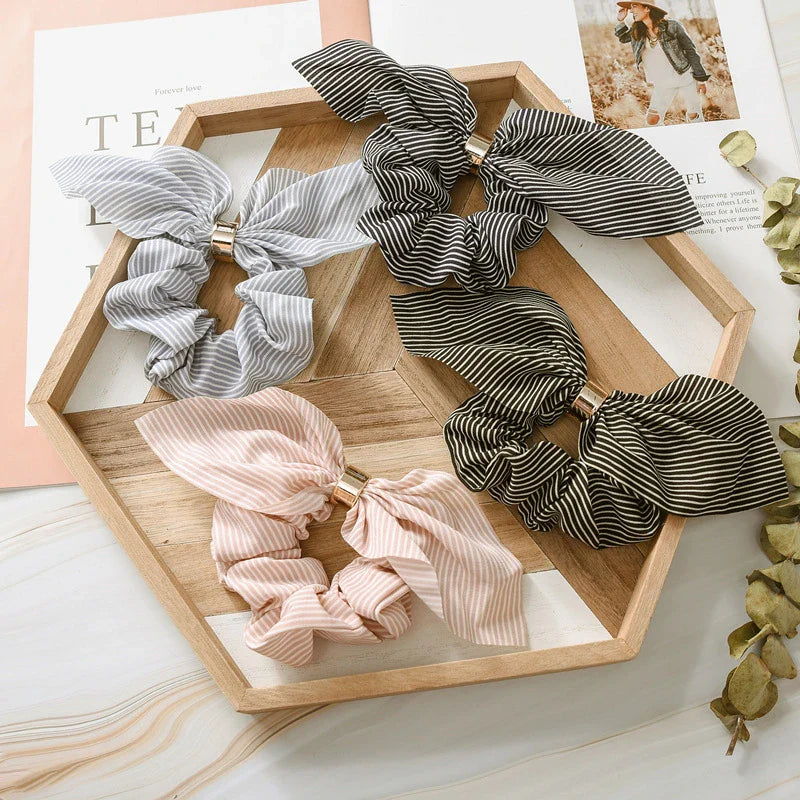 Femlion Rabbit Ears Chiffon Hair Scrunchie with Metal Buckle, Stripe Elastic Hair Rope