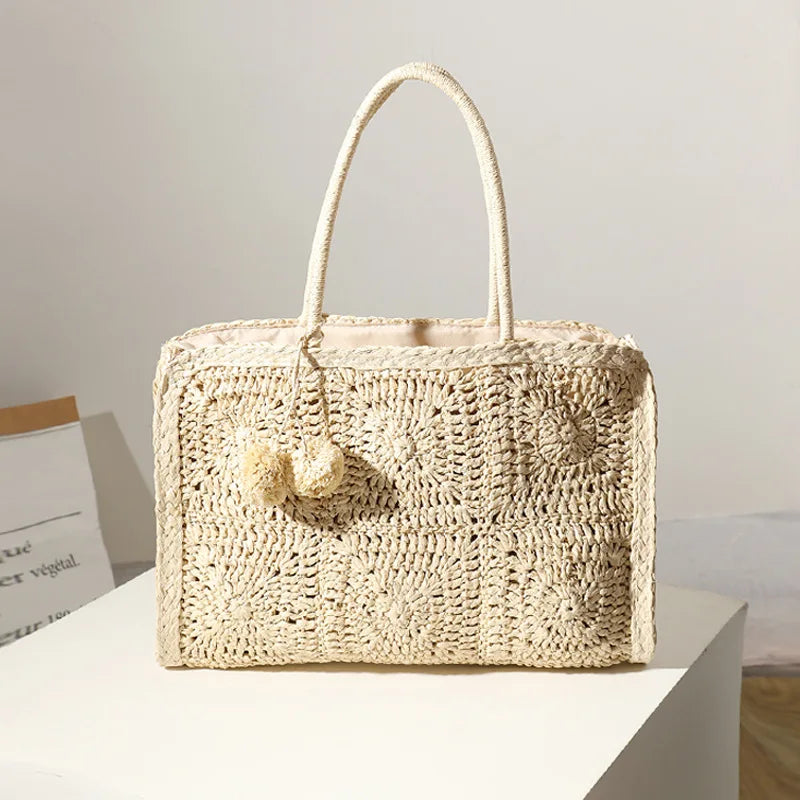 Femlion Hollow Straw Woven Bag with Hair Ball - Large Capacity Fashionable Handbag