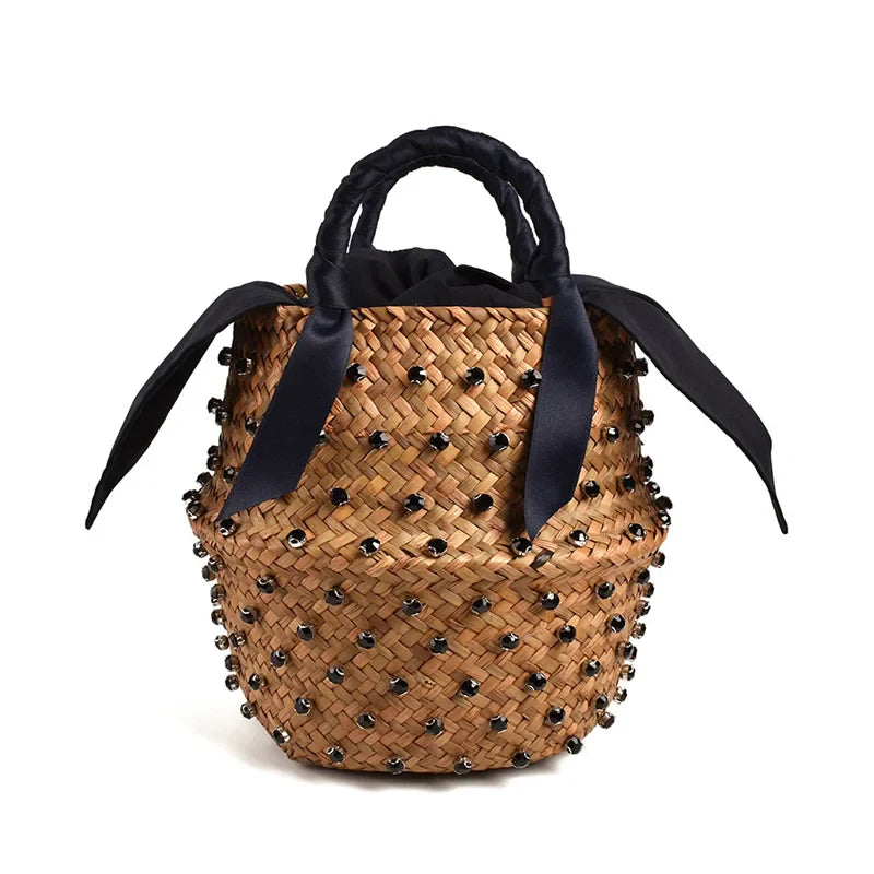 Femlion Pearl Embellished Straw Bucket Bag - Summer Holiday Beach Handbag