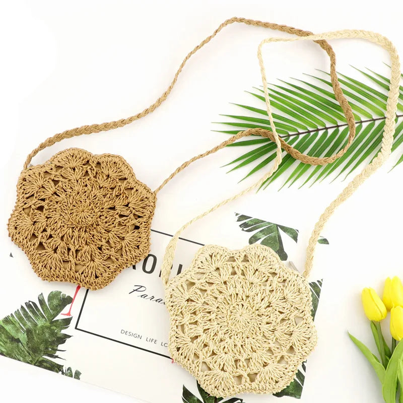 Femlion Straw Diamond Bag - Round Woven Handbag with Phone Purse