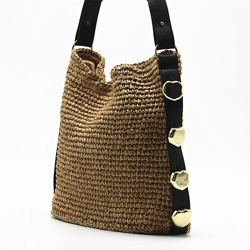 Femlion Yellow Metal Detail Woven Straw Big Bag One Shoulder Women Bag