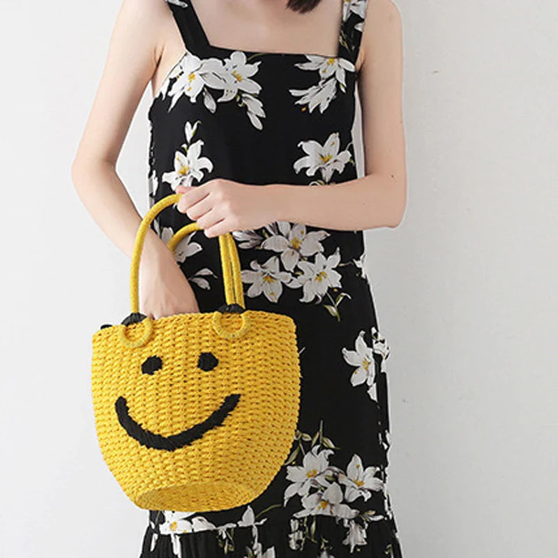 Femlion Smiley Woven Beach Bag Bucket Handbag Pouch