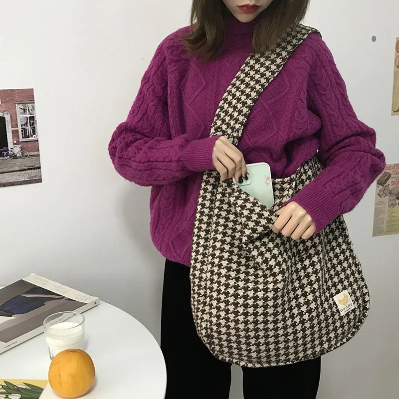 Femlion Houndstooth Pattern Canvas Shoulder Bag