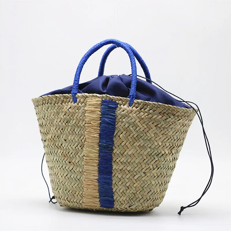 Femlion Blue Black Woven Bag - Waterweed Portable Straw Bag