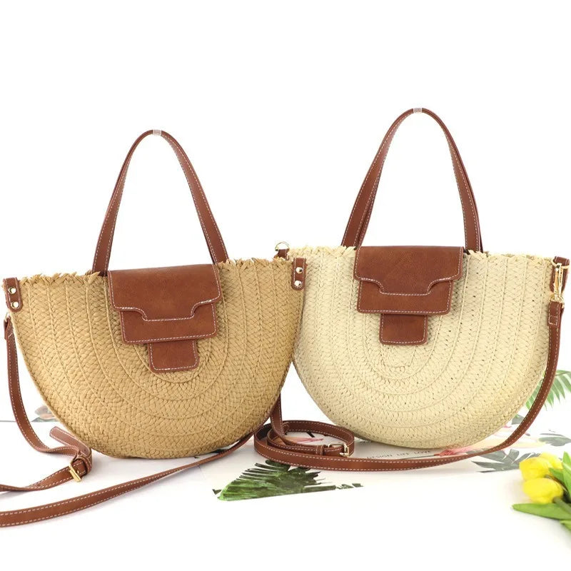 Femlion Retro Leather Cover Straw Messenger Bag Summer Beach Travel