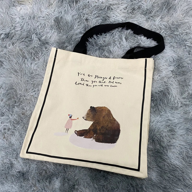 Femlion Girl and Bear Print Canvas Shoulder Bag: Cute Eco-Friendly Tote for College Students