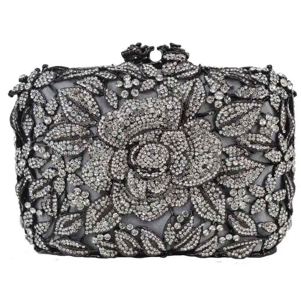 Femlion Grey Crystal Flower Clutch Bag for Women's Wedding Party Prom