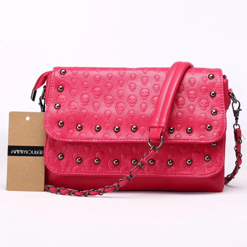 Femlion Rivet Skull Chain Crossbody Bag - Women's PU Leather Messenger Purse in 5 Colors