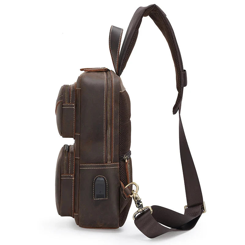 Femlion Vintage Leather Chest Bag Crossbody Backpack