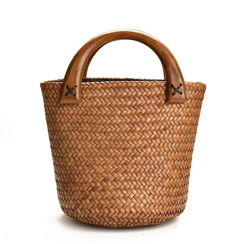 Femlion Vintage Woven Handbag with Wood Handle for Seaside Vacation