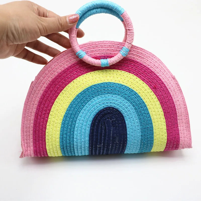 Femlion Rainbow Straw Handbag 2020 Summer Beach Fashion Women's Colorful Woven Purse