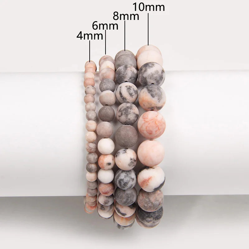 Femlion Frosted Pink Zebra Stone Beaded Bracelets for Women and Men