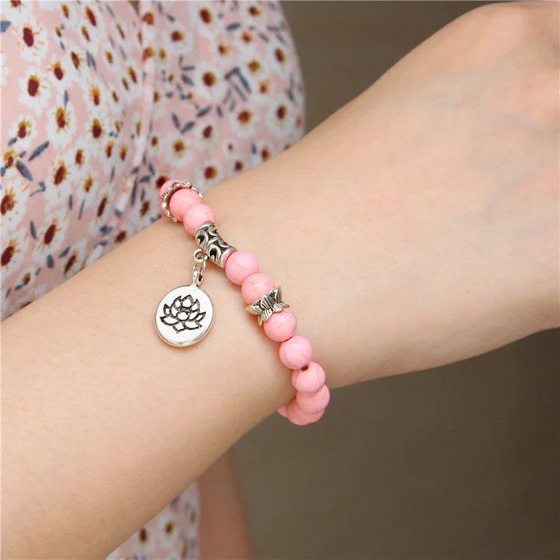 Pink Zebra Stone Buddha Prayer Bracelet with Lotus Charm by Femlion