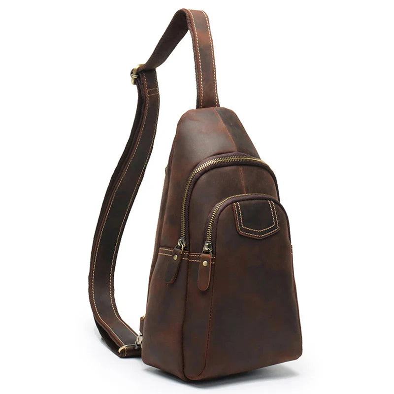 Men's Leather Crossbody Chest Bag by Femlion: Genuine Leather Messenger Pack for Outdoor Use.