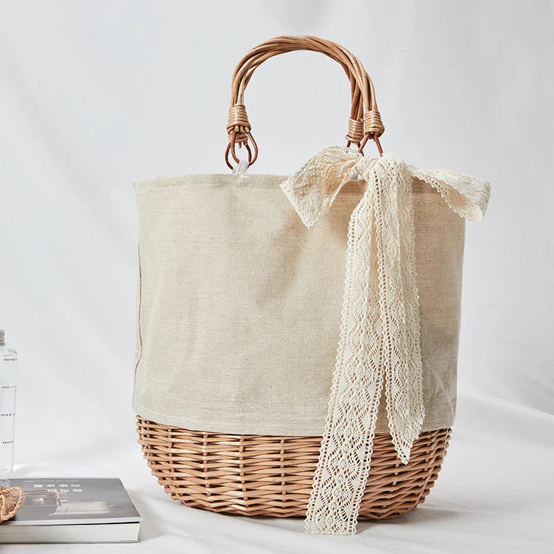 Femlion Straw and Canvas Woven Shopping Bag for Casual Style