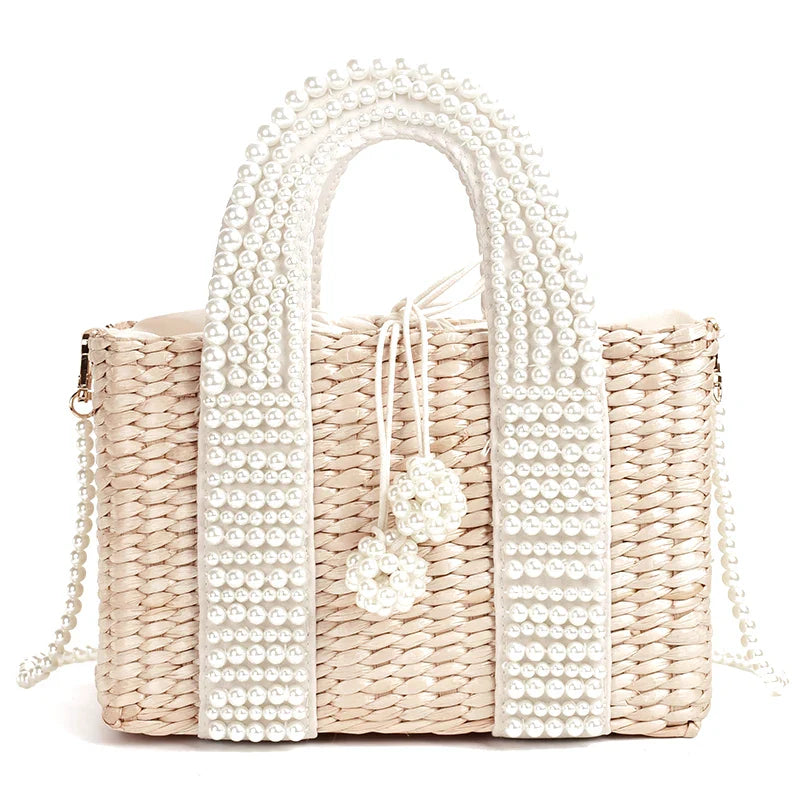 Femlion Pearl Straw Basket Handbag: Women's Tote Crossbody Messenger Bag