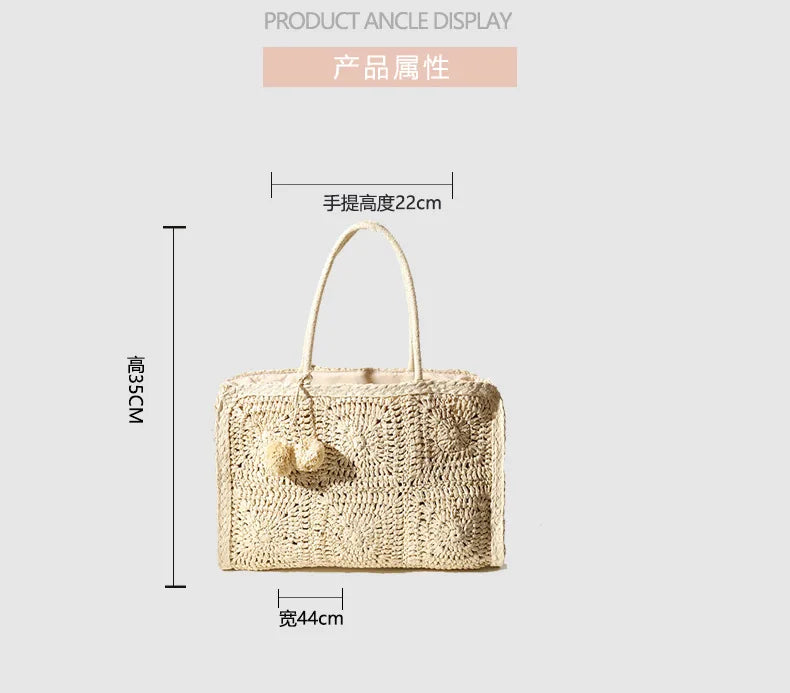 Femlion Hollow Straw Woven Bag with Hair Ball - Large Capacity Fashionable Handbag