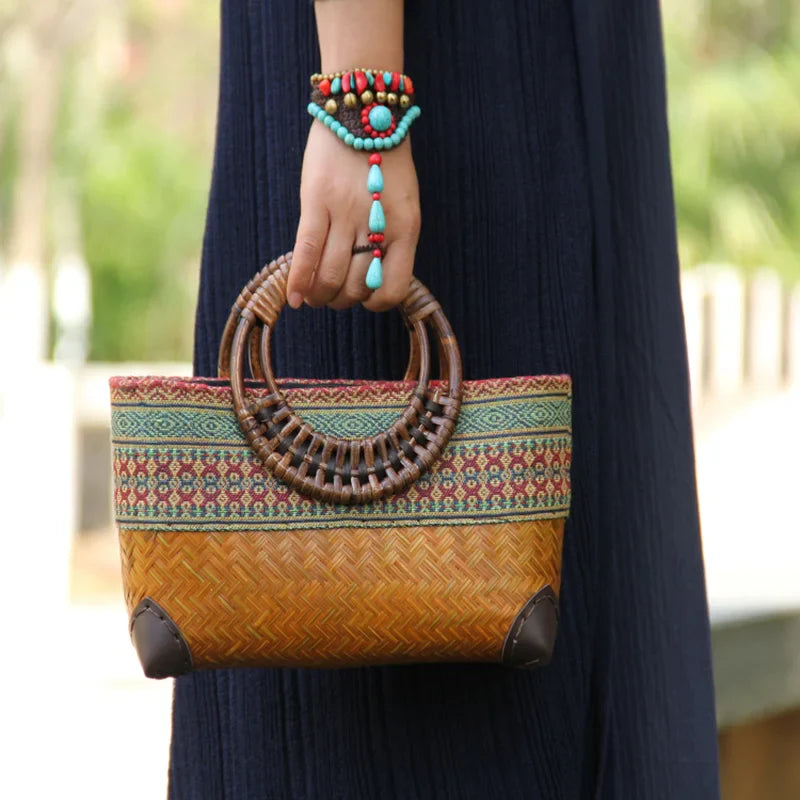 Femlion Bamboo Woven Bag: Mini Handmade Rattan Handbag for Stylish Women