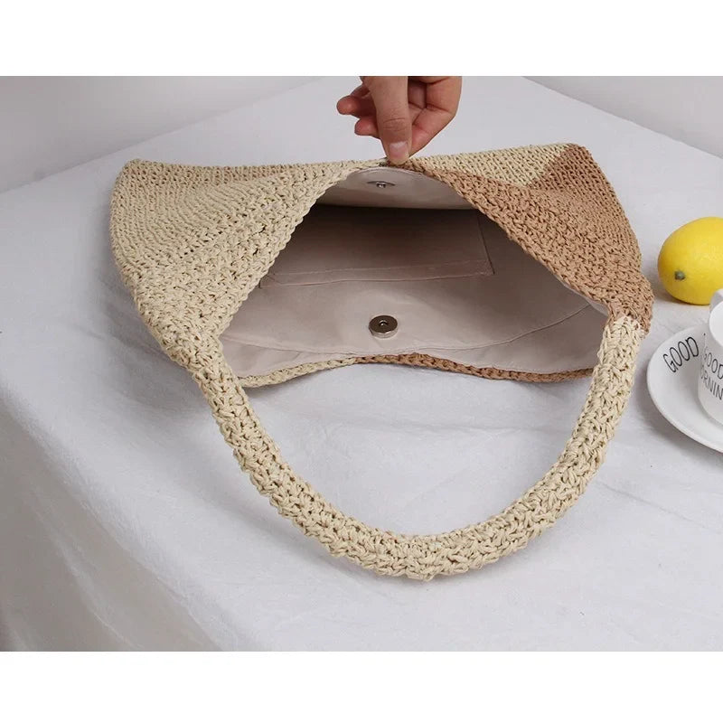 Femlion Straw Bag - Women's Hand-Woven Raffia Shoulder Bag for Seaside Vacation