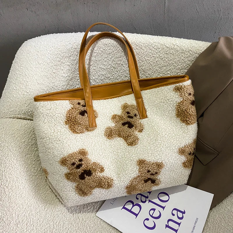 Femlion Warm Plush Shoulder Bag with Leather Patchwork Design and Cute Bear