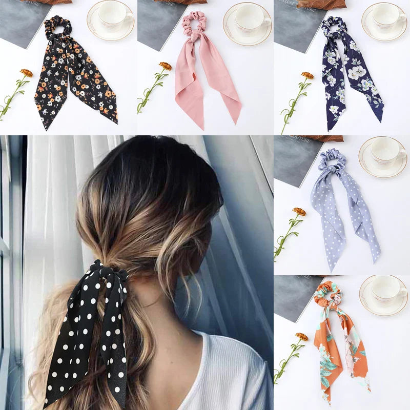 Femlion Flower Print Bow Satin Ponytail Scarf Hair Tie Scrunchies