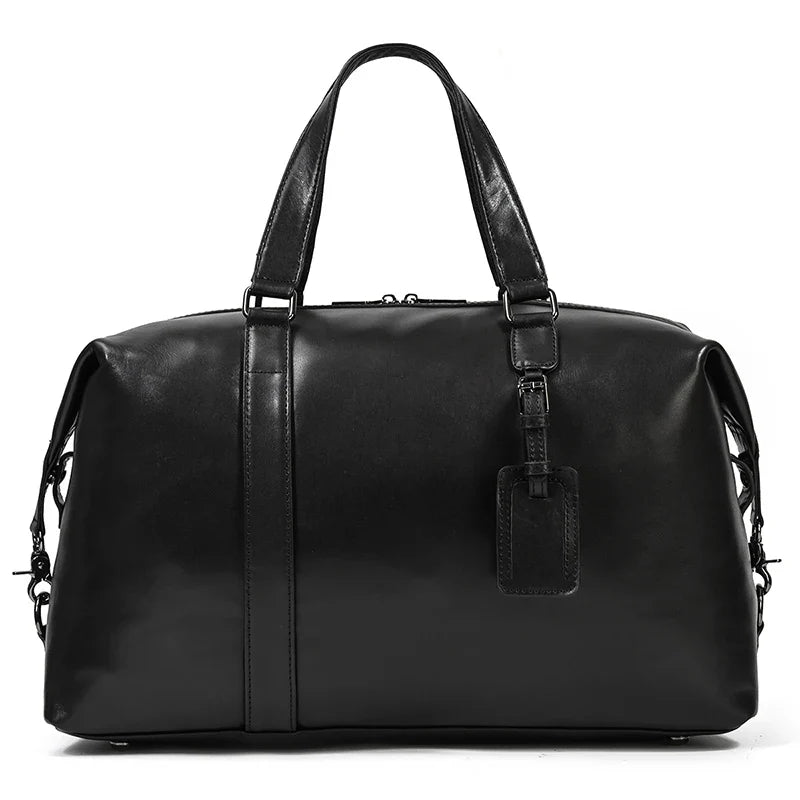 Femlion Cowhide Leather Duffle Bag for Travel and Business, Latest Black Design