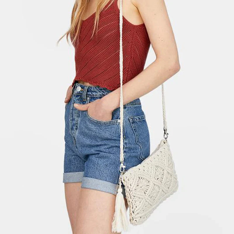 Femlion Woven Crossbody Messenger Bag with Handmade Weaving and Tassels