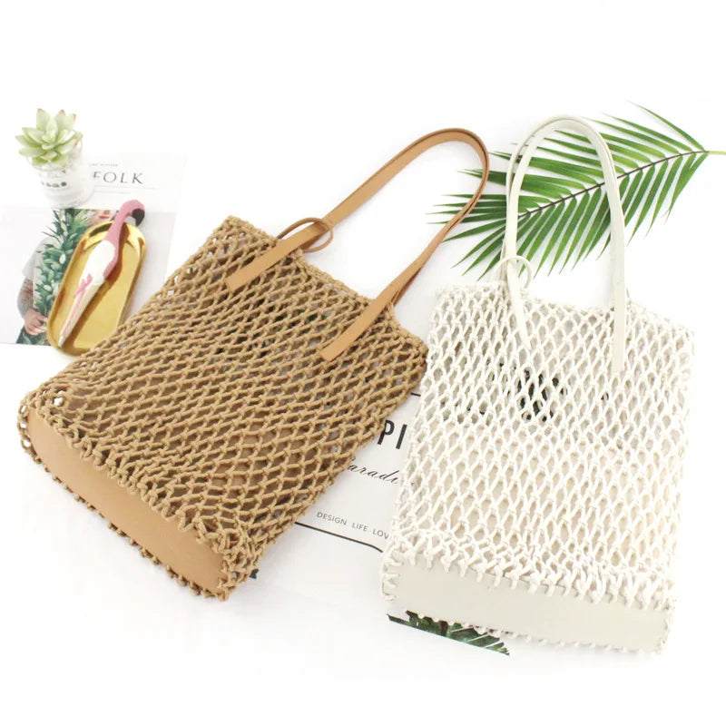 Femlion Boho Mesh Rope Weave Straw Shoulder Bag