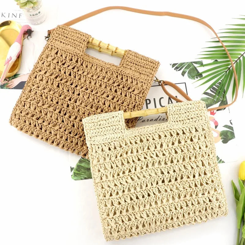 Femlion Bamboo Handle Handwoven Women's Tote Bag Vintage Shoulder Messenger Bag